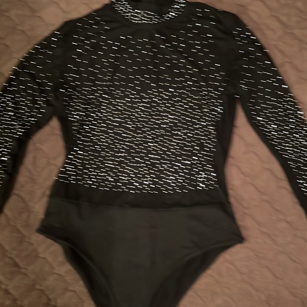Mesh Crop Bodysuit long sleeve silver stones